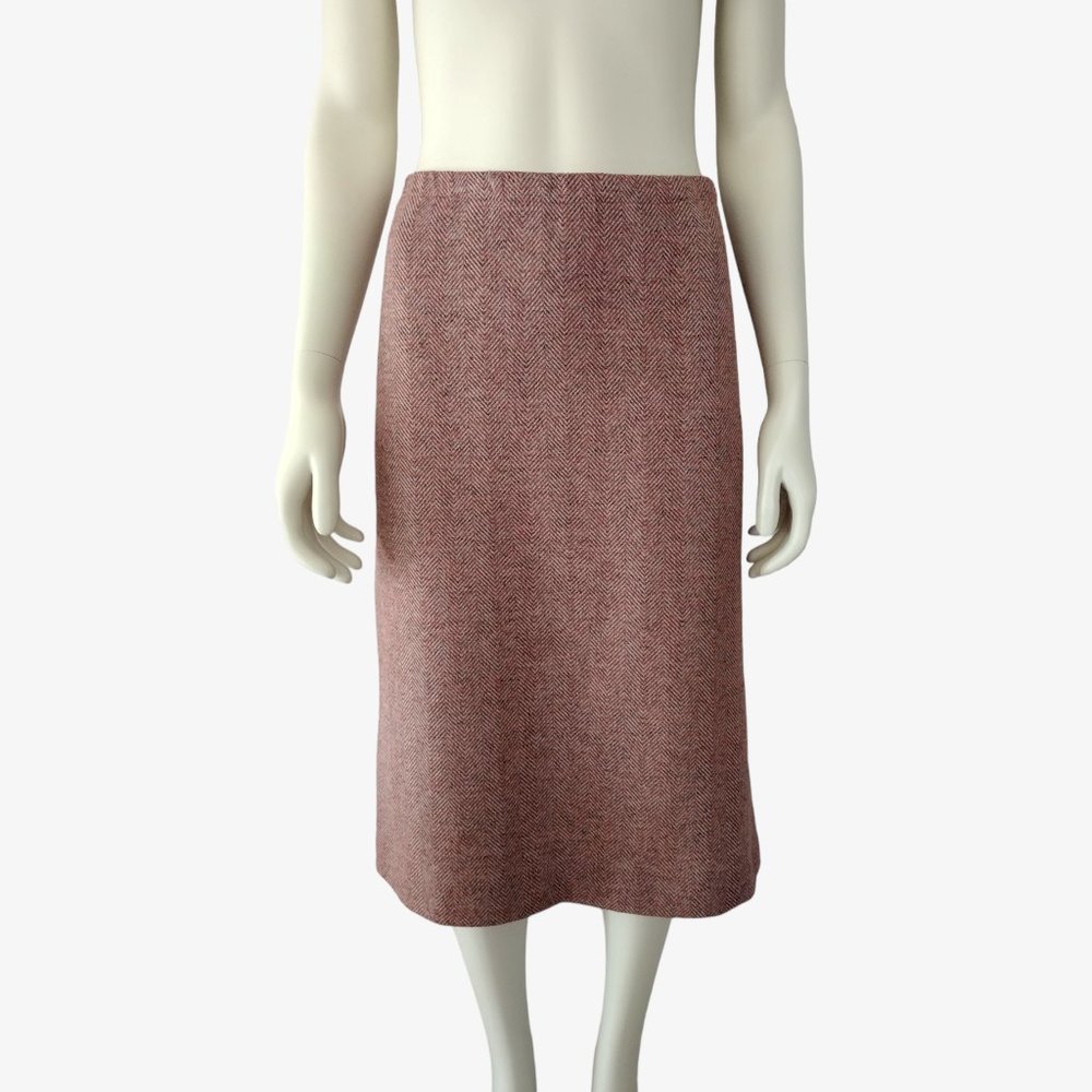 Vintage 1970s Red Herringbone Tweed Side Slit Midi Skirt Size 10P
